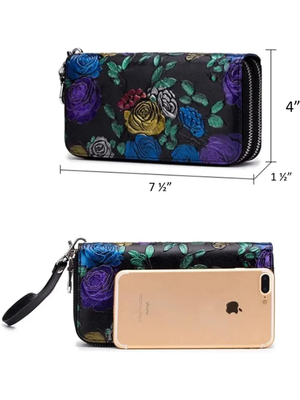 Floral Hand-Painted Leather Double Zipped Wallet Wristlet, RFID Blocking Clutch